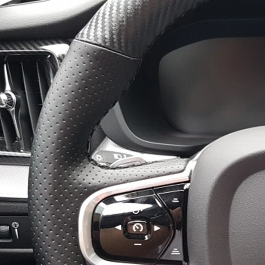 

LQTENLEO Black Leather Carbon Fiber Car Steering Wheel Cover For Volvo XC60 S60 V60 V90 2018 2019 XC90 S90 20016 2017 2018 2019