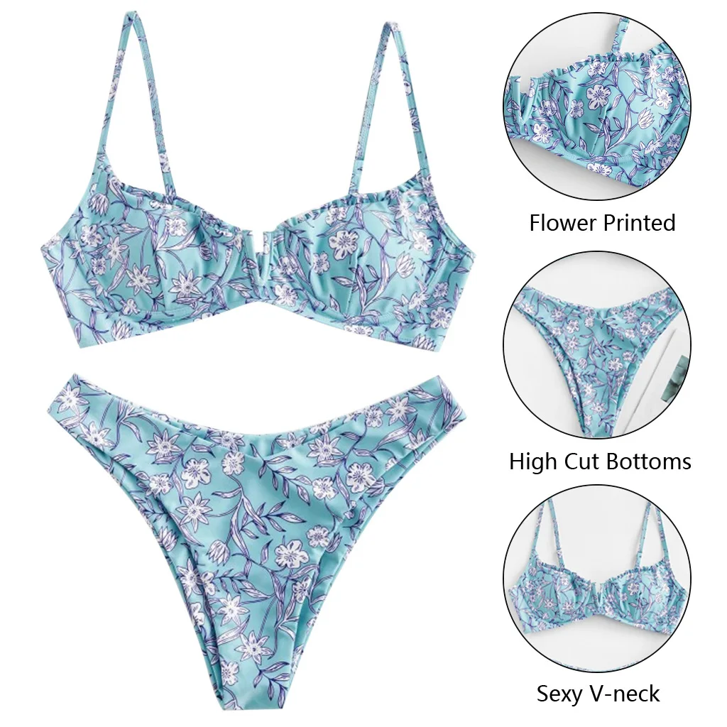 

Bikini 2020 Mujer Underwire Swimsuit Woman Bandeau Cut Out Floral Print Swimwear Sexy Brazilian Push Up Padded Thong Bikini