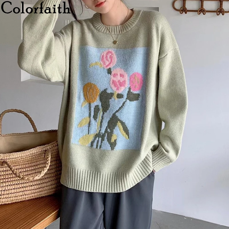 Colorfaith новинка 2021 женские свитера на осень и зиму вязаные элегантные с цветочным