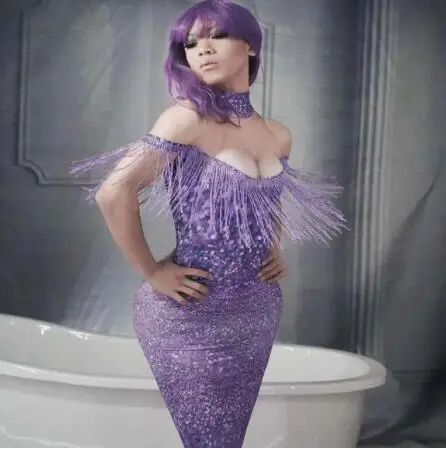 purple Блестящее длинное платье с бахромой для певицы, ночного клуба, шоу, танцевальные костюмы для женщин, вечерние платья на день рождения, одежда для сцены, 6 цветов - Цвет: purple