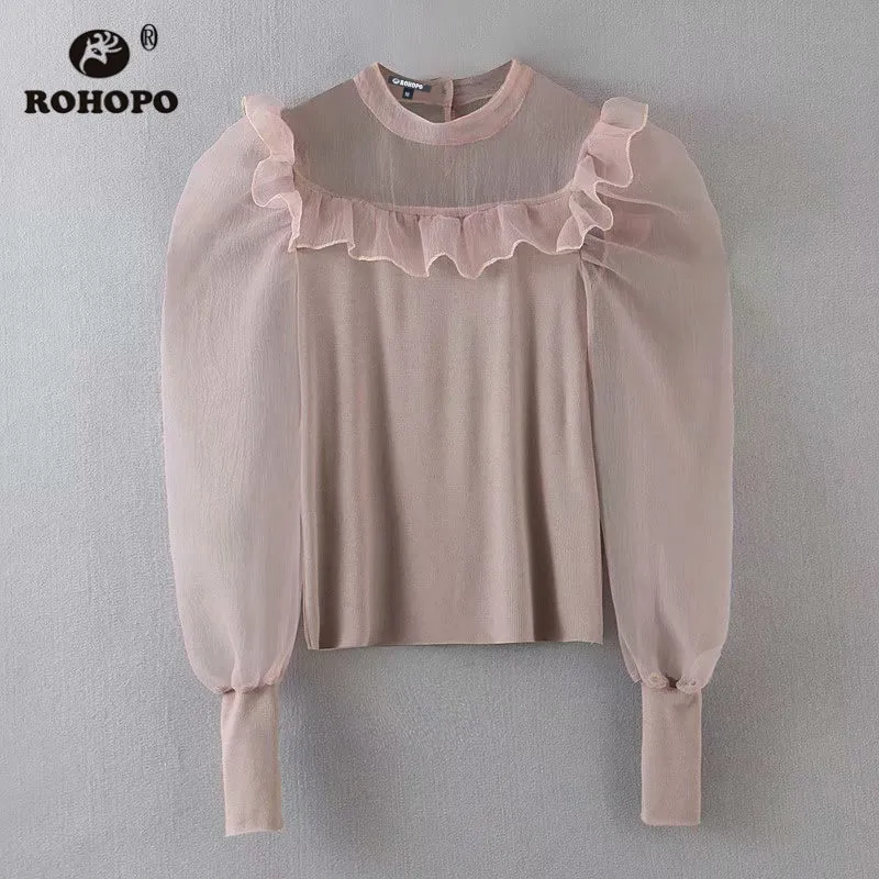 ROHOPO круглый воротник хаки Тюль Блузка гофрированный Shouler Puff длинный рукав Джерси