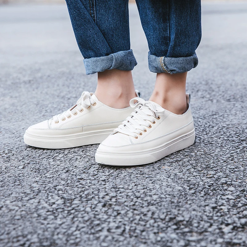 

2021 new spring shoes women 22-25cm cow leather flat bottom loafers white shoes ladie sneakers Vulcanized shoes 2 colors