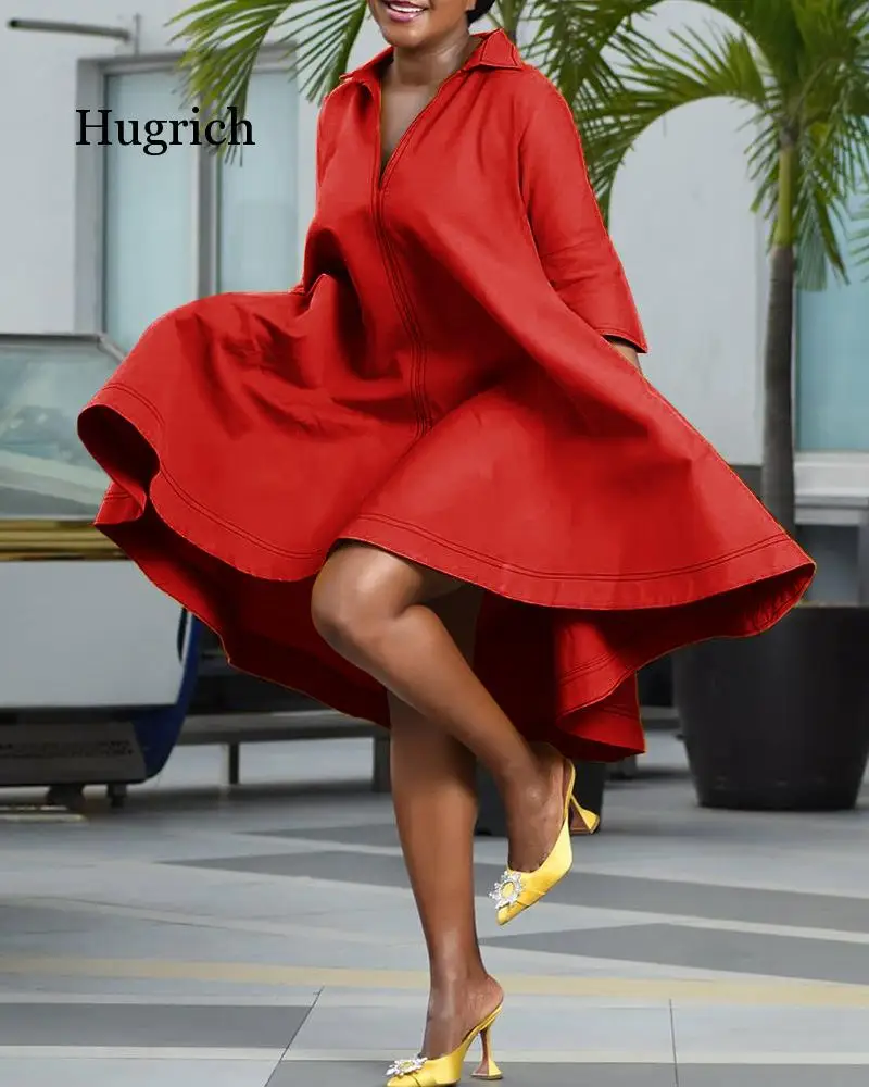 

Womens Summer Lapel Party Casual Robe Female Vintage Pleated Vestido Oversize Elegant Solid Knee Length Dress