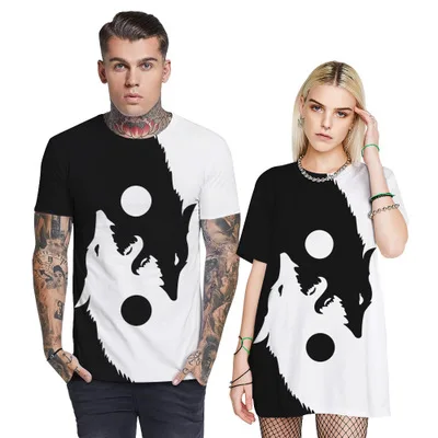 

Yin Yang Wolf digital print women's plus-size T-shirt lovers loose European and American style short-sleeved round-neck shirt
