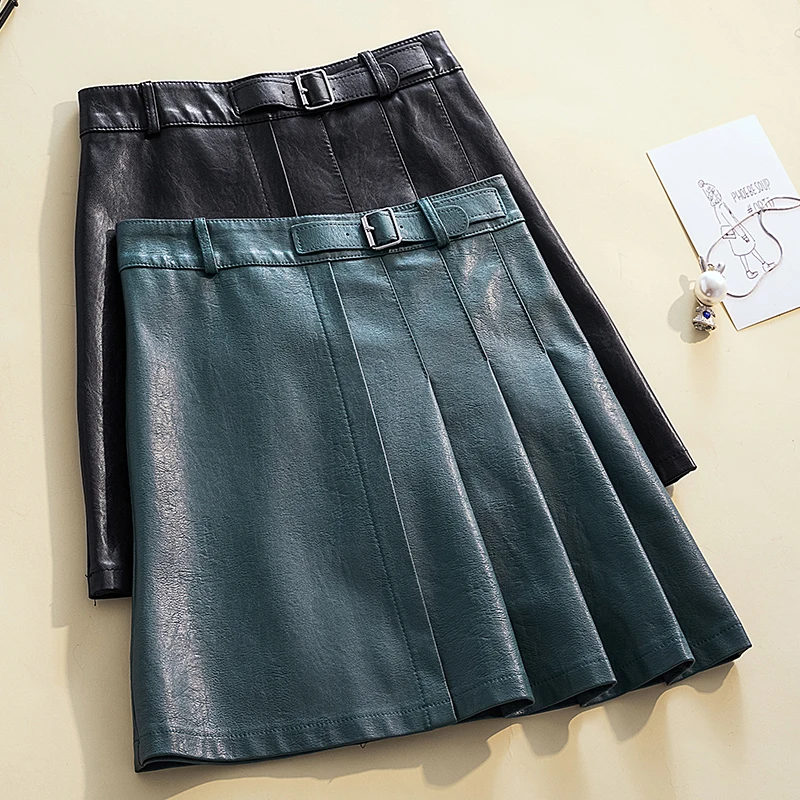 

Vintage Women'S Pencil Skirts Clothes Lady Autumn Pleated Black Pu Leather Mini Female Plus Large Size Korean Oversized