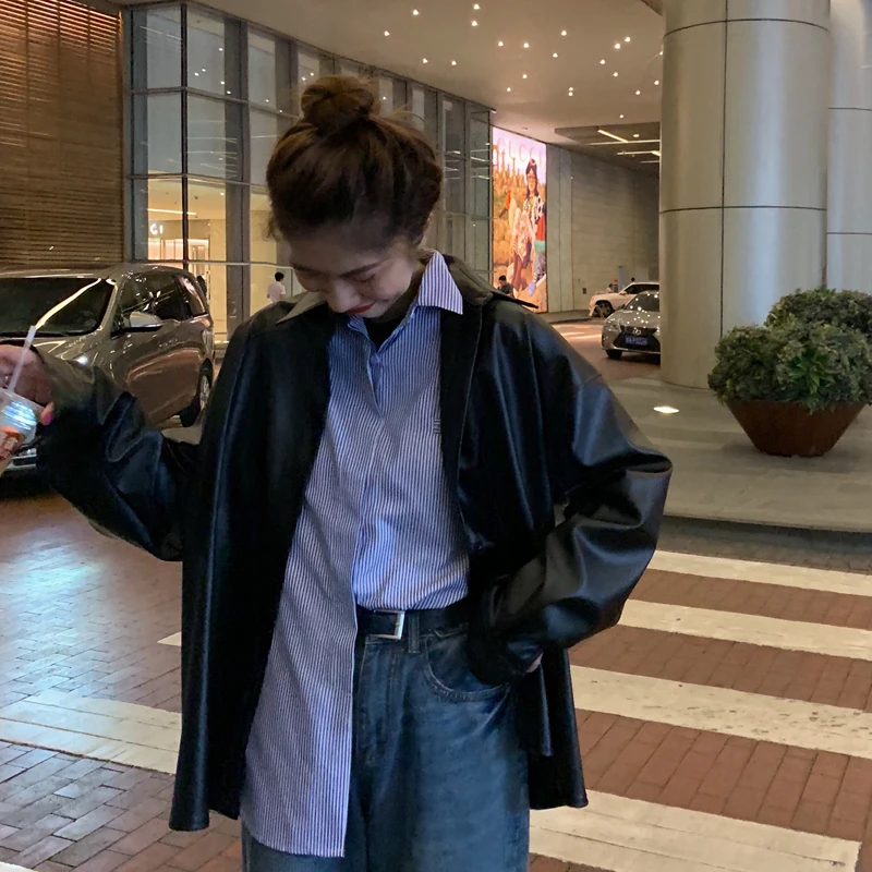 

New Women oversized PU leather blouses 2021 Spring Autumn Black Faux Leather Basic Coat Turn-down Collar Motor Biker Jacket