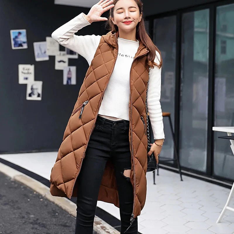Новинка Женский Повседневный длинный пуховой жилет из хлопка сезон осень-зима