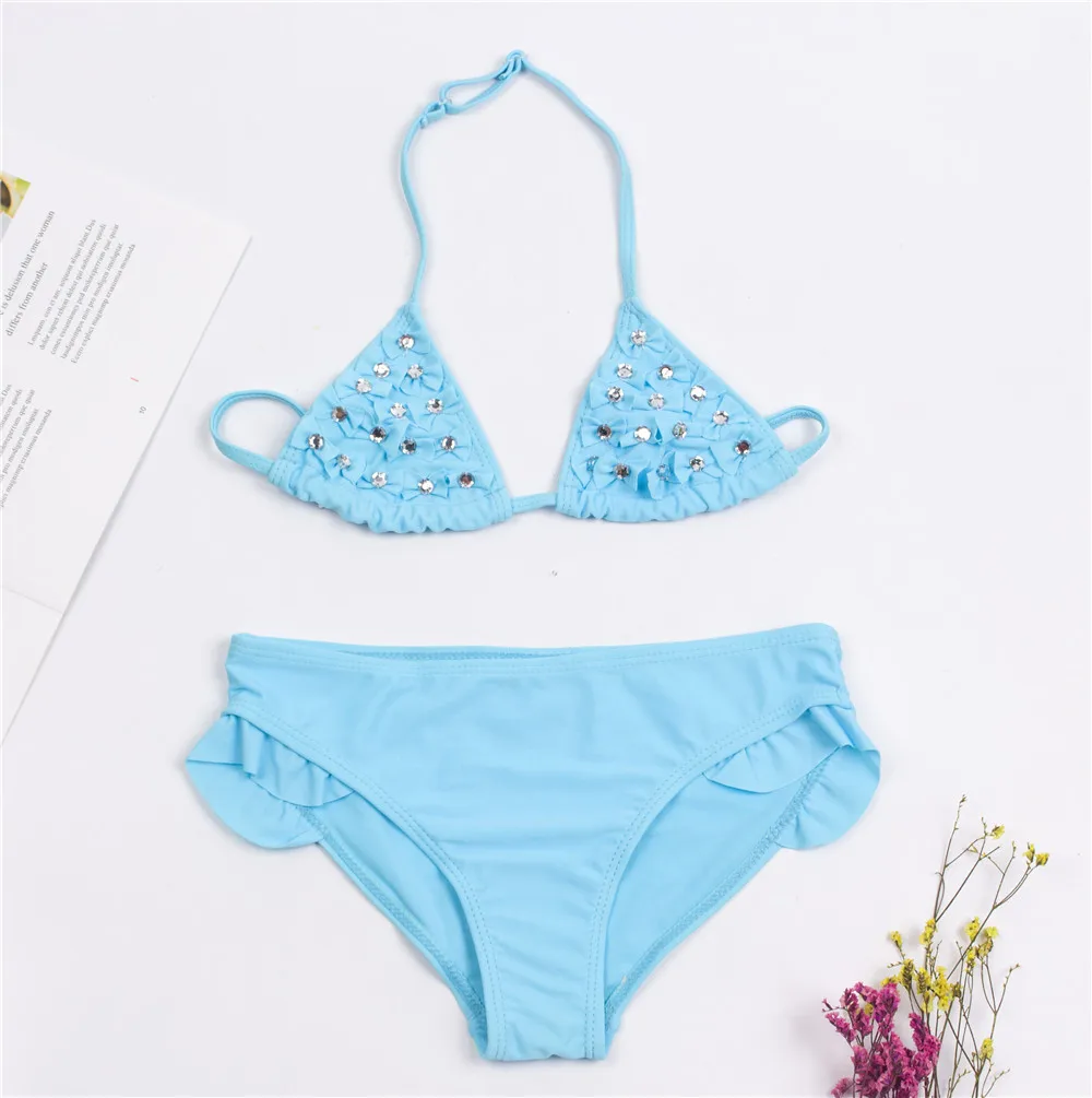 Однотонные Детские бикини с оборкой для девочек детский купальник украшением из