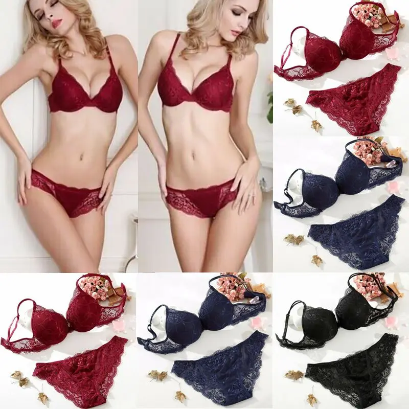 

Close-Fitting With Adjustable Shoulder Straps Plunge Bra Sets Sexy Lace Flower PantiesBra Set Extreme Push Up Soft Lingerie