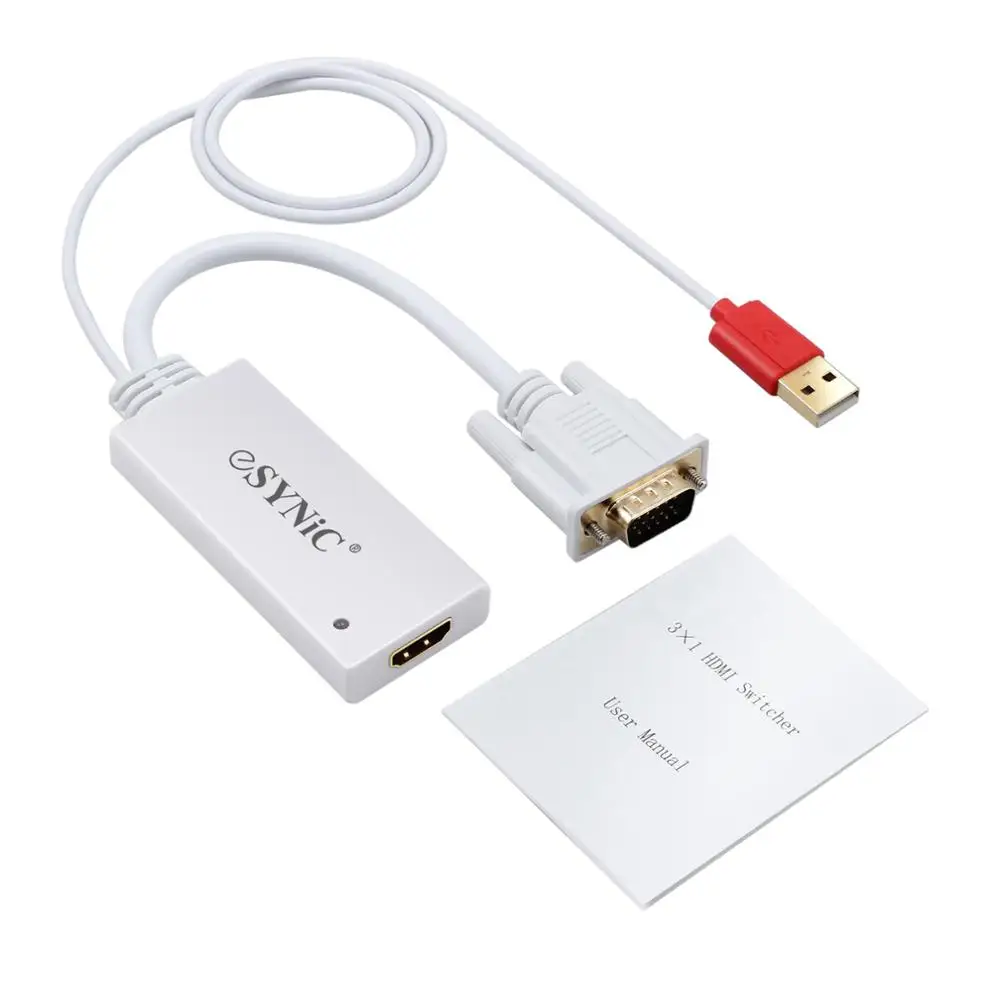 ESYNiC новый VGA Мужской к HDMI Женский Кабель с USB аудио поддержка кабель Белый для HDTV STB
