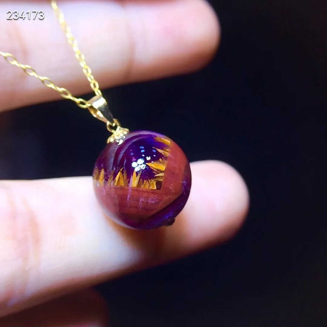 

Natural Red Auralite 23 Cacoxenite Purple Rutilated Quartz Pendant Necklace 15mm Round Sphere Ball Women Men Necklace AAAAA