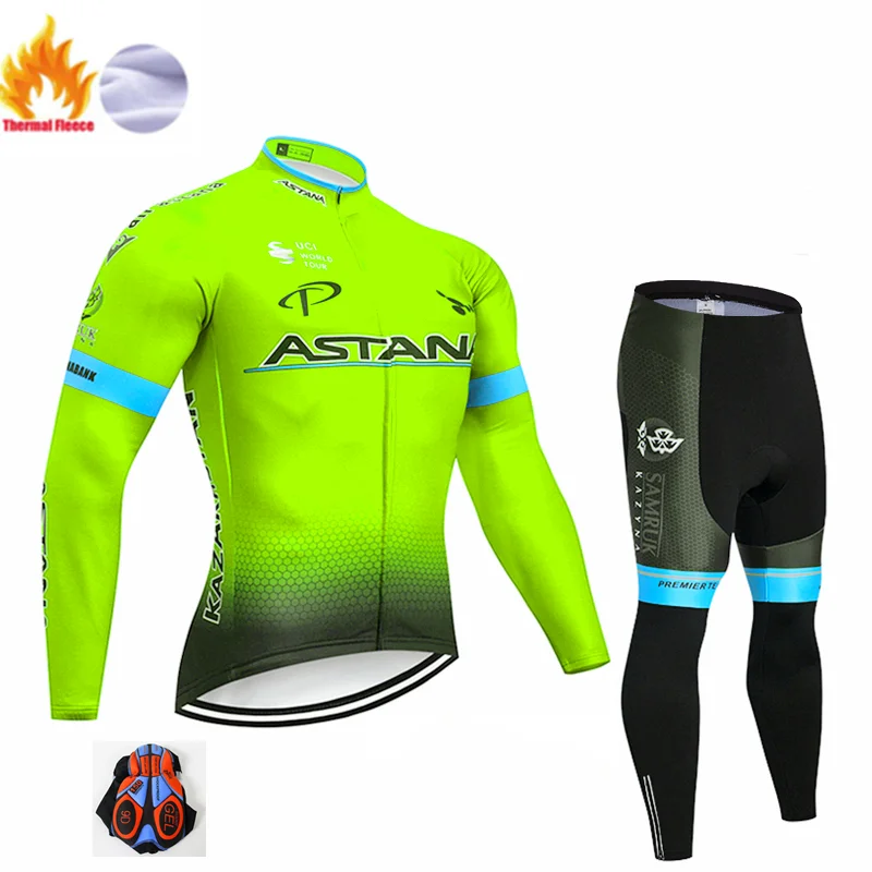 Winter suit Флуоресцентный зеленый Астана Ropa Ciclismo Invierno Зимний Велоспорт Джерси термальный флис с длинным рукавом Велоспорт одежда Набор велосипед одежда - Цвет: Winter suit