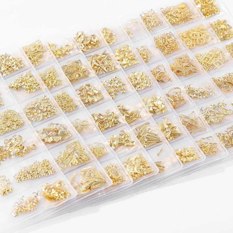 

1 Pack Mixed 6 Shapes Gold Metal Nail Studs Star Moon Heart Nail Charm Kit 3D Nail Art Jewelry For Nail Decorations Supplies JS1