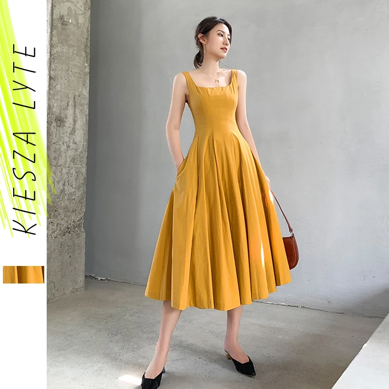 Платье женское французское с высокой талией желтое ТРАПЕЦИЕВИДНОЕ ПЛАТЬЕ