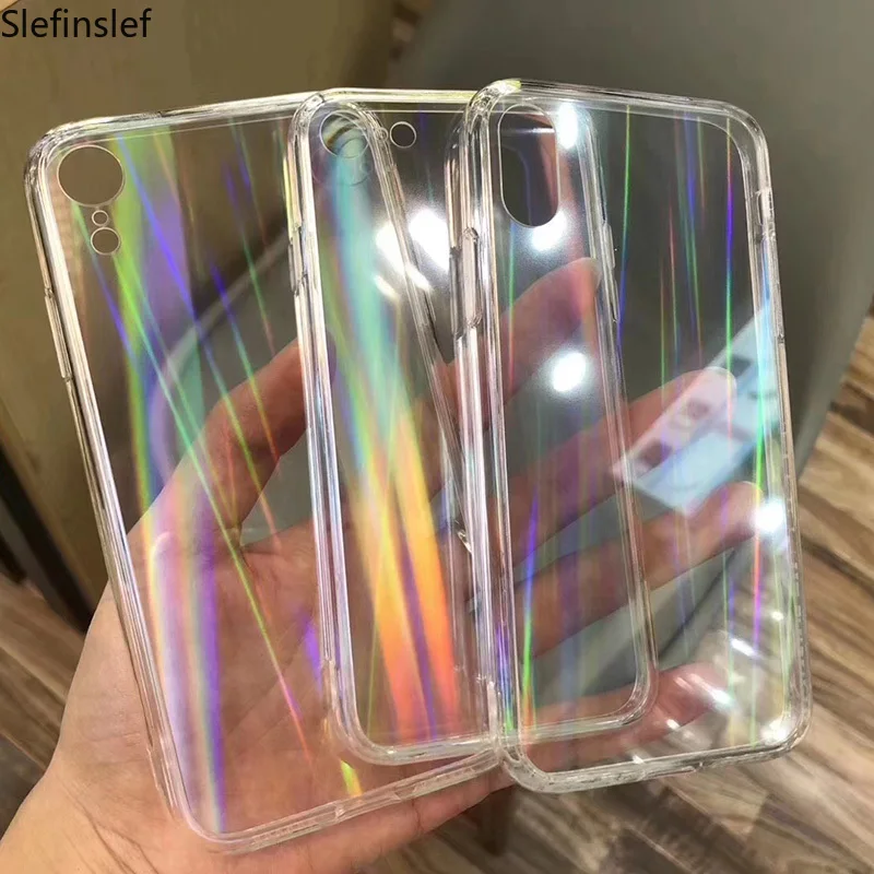 Градиентные радужные чехлы для iPhone X прозрачный мягкий лазерный чехол XS Max XR