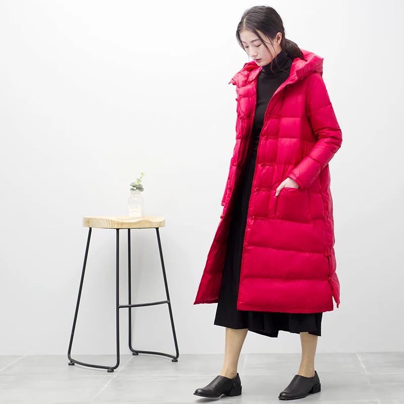 2020 New Large Women Winter Down Coat Vintage Chinese Button X-long Hooded Jackets Female Outerwear Warm OK1051 | Женская одежда