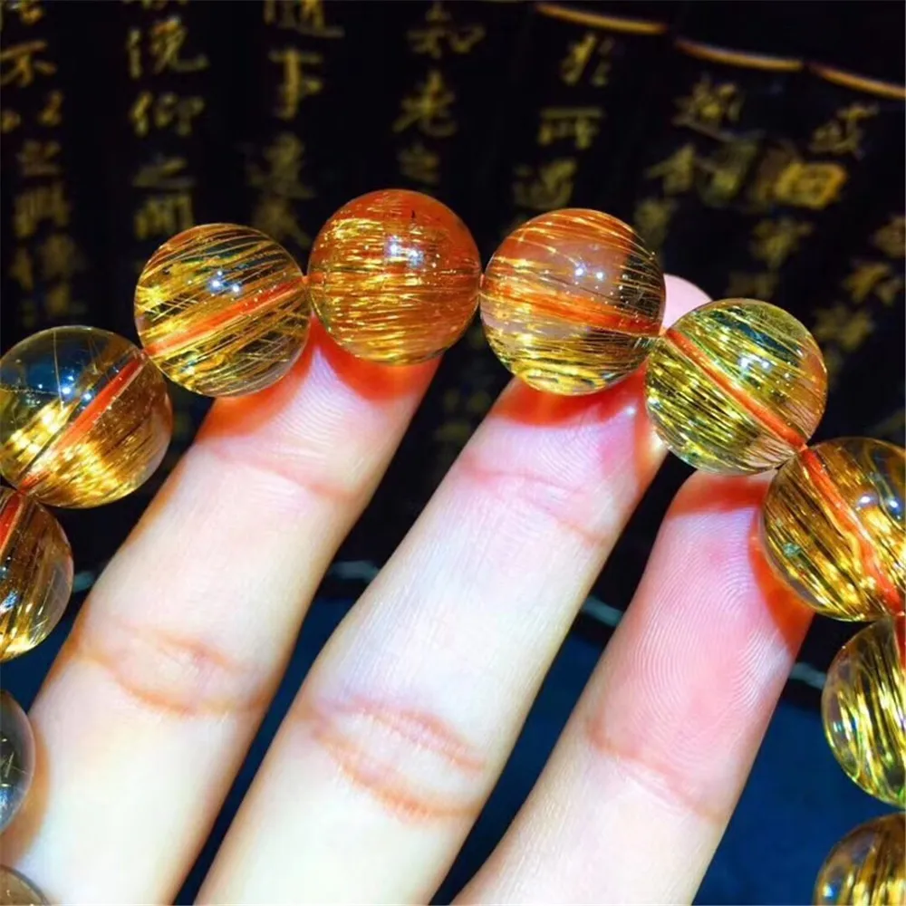 

13mm Natural Copper Rutilated Bracelet For Women Men Cat Eye Round Beads Wealth Quartz Luxury Clear Crystal Stretch Strand AAAAA