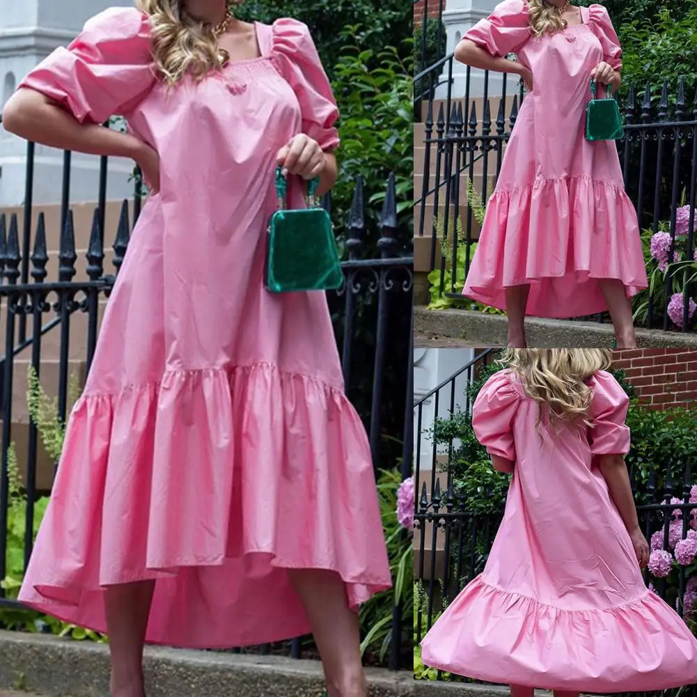 

Women Dress Elegant Square Neck Puff Sleeve 2021 New Fashion Summer Solid Party Sundress Casual Ruffles Hem Holiday Vestidos