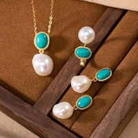s925 sterling silver natural pearl turquoise elegant womens light luxury set open rings ear studs pendant