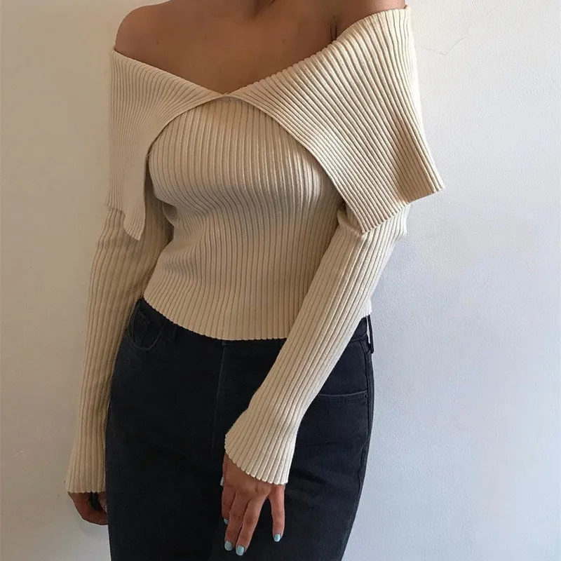 

Chic Fashion Off Shoulder Ribbed Knitted Women's Pullover Fall Winter Long Sleeve Cropped Pullover Slim Streetwear Clothing