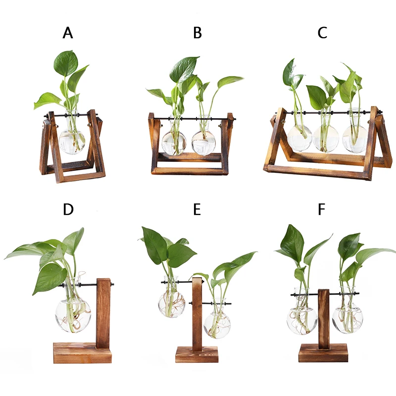 Hot Sale Glass And Wood Vase Planter Terrarium Table Desktop Hydroponics Plant Bonsai Flower Pot Hanging Pots With Wooden Tray | Дом и сад
