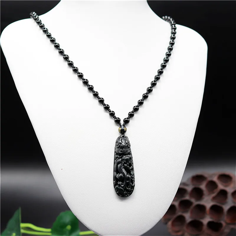 Китайский натуральный черный зеленый нефрит Дракон Тигр ожерельлье из бисера