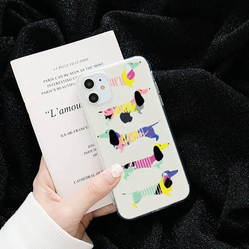 

Cartoon Dachshund Sausage Dog Phone Case Transparent for iPhone 6 7 8 11 12 s mini pro X XS XR MAX Plus cover funda shell
