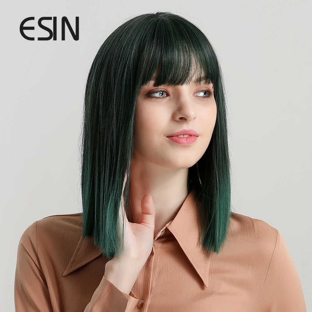 ESIN Синий Зеленый средней длины прямой боб парик с челкой Косплей парики для