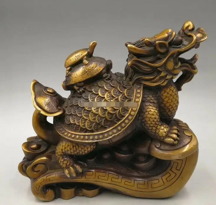 

8'' copper sculpture home fengshui decor auspicious beast wealth dragon turtle