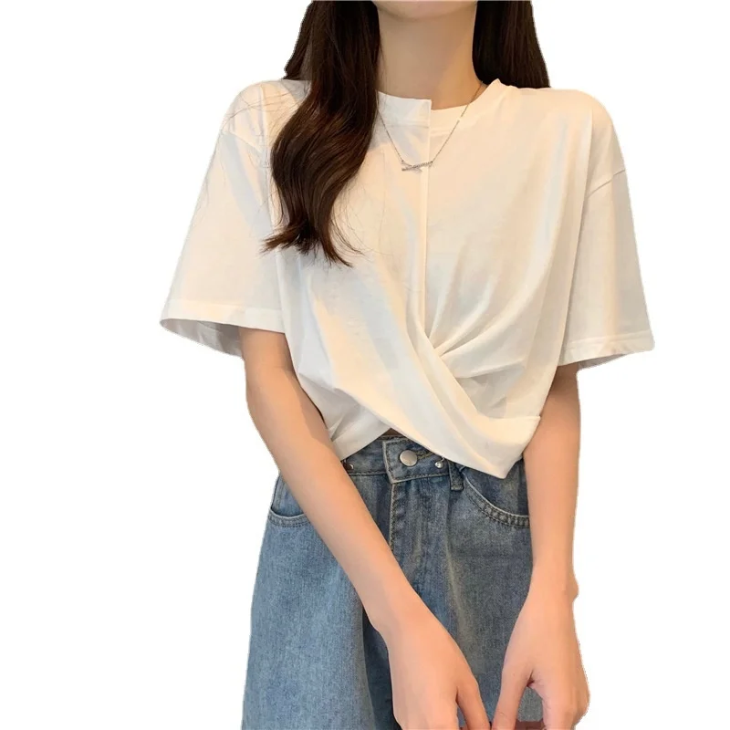 

Pure Color Short-sleeved T-shirt Women's Summer New Design High Waist Cropped Navel Top Casual Style Female Blusas