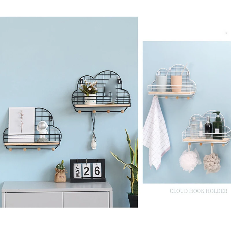 

Nordic Grid Cloud-shaped Wall Shelf Bathroom Towel Hooks Cosmetic Bath Liquid Shower Gel Storage Racks Holders Home Decoration