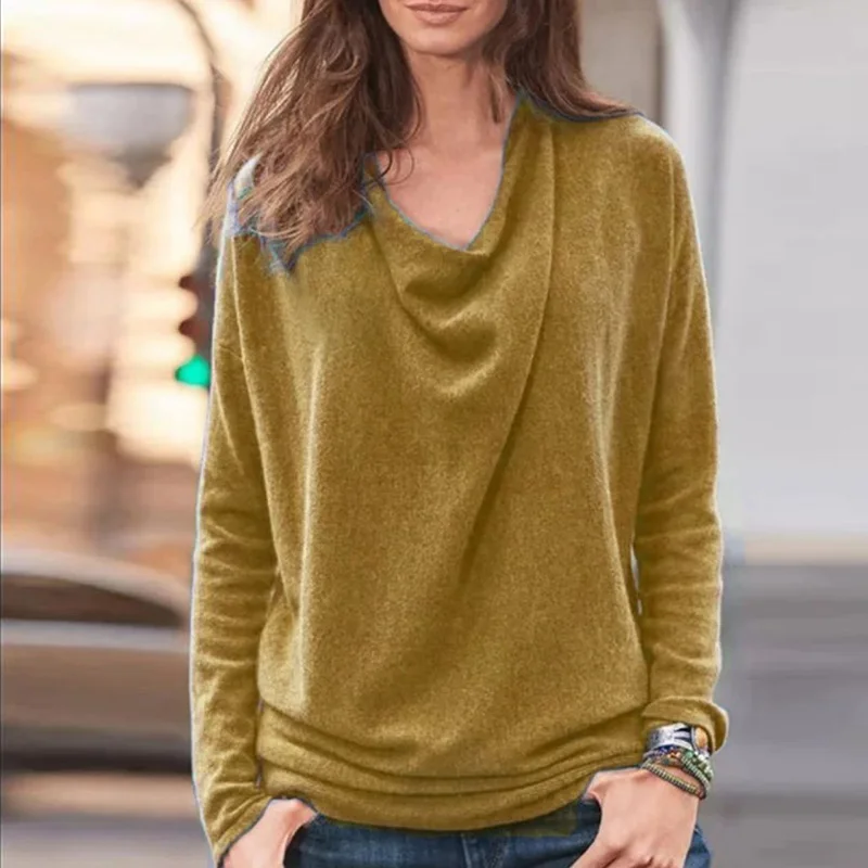 

Elegant Stacked Collar Knitted Blouse Shirts Women Autumn Vintage Solid Long Sleeve Pullovers Tops 5XL Female Casual Loose Blusa