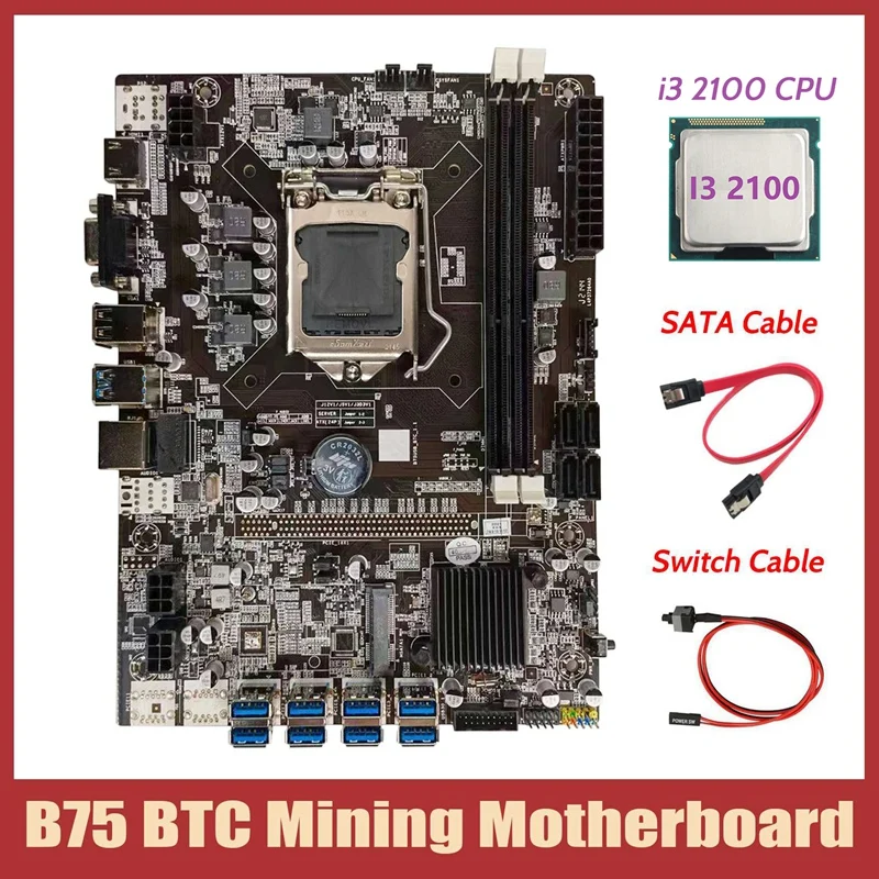 

Материнская плата B75 для майнинга BTC + Процессор I3 2100 + кабель SATA + коммутационный кабель LGA1155 8xpcie USB-адаптер B75 USB материнская плата для майнинг...