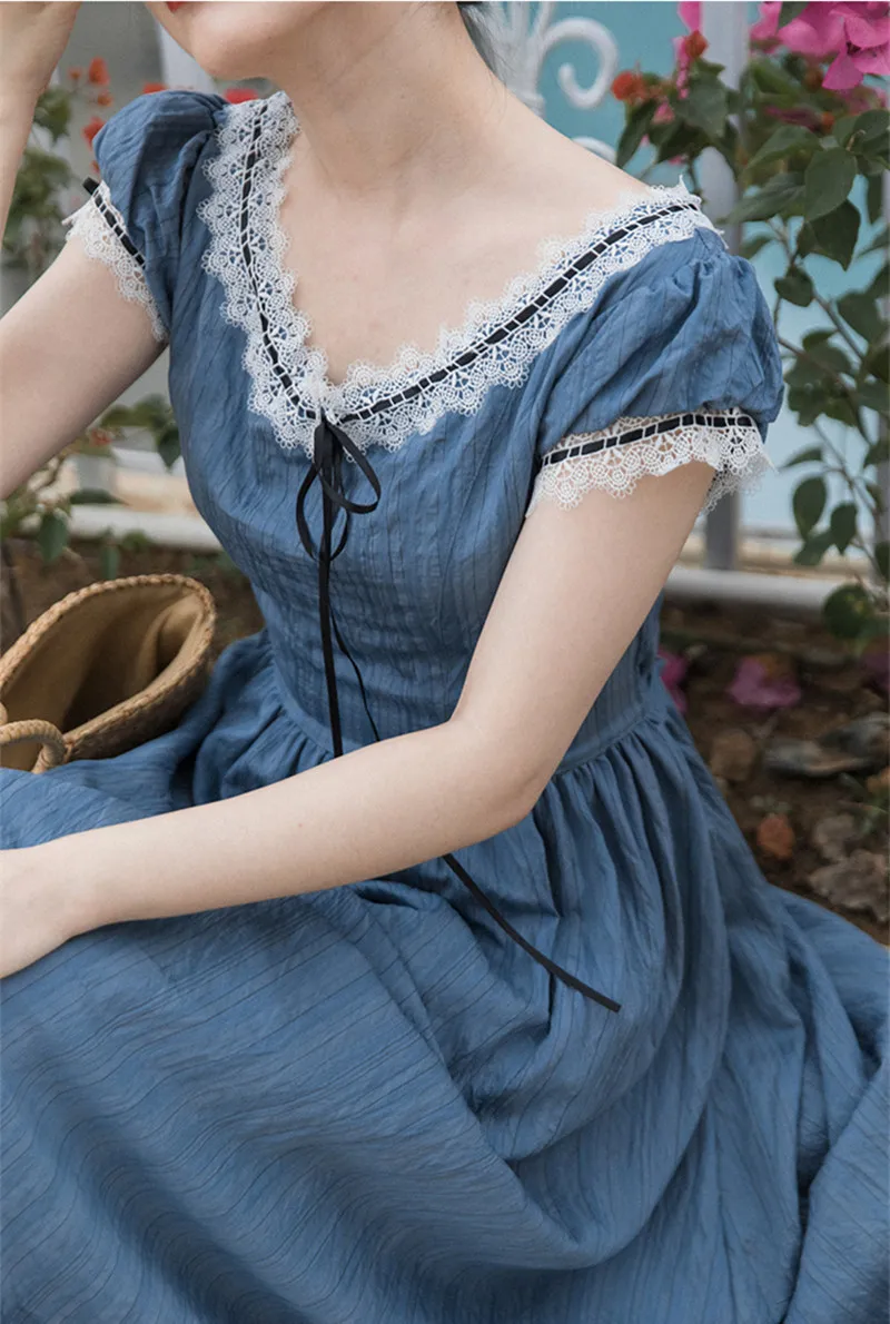 

Summer Cottage Style Women Dress Vintage Solid Jacquard O-Neck With Lace Puff Sleeve Retro Princess Dresses Prairie Vestido