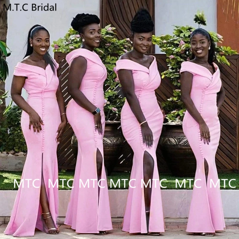 

Long Pink Mermaid Bridesmaid Dress 2021 Off The Shoulder Side Slit Black Women Wedding Party Dresses Plus Size Maids Gowns