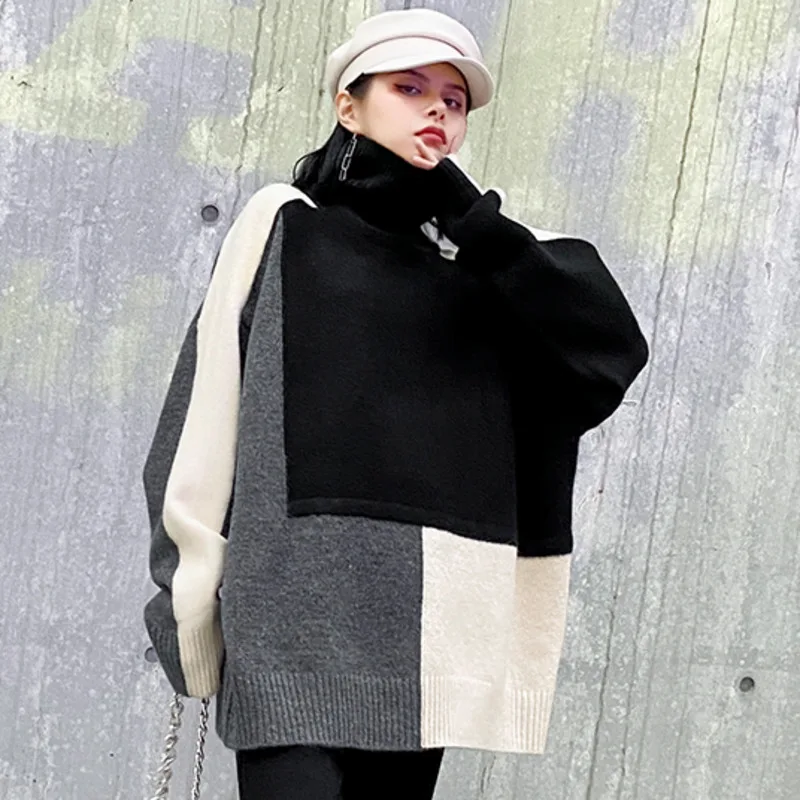 

QINGMO Large 2021 Autumn Fashion New Women Sweater Top Loose Large Size Trend Stitching Long sleeved Turtleneck Sweater ZWL222