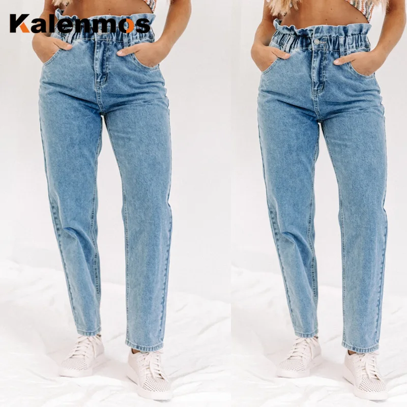 

Denim Pants Women KALENMONS Vintage High Waist Washed Jeans Pocket Bleached Summer Casual Trousers Punk Baggy Work Sexy Jean