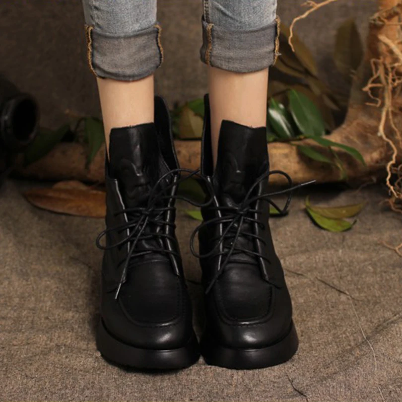 Зимние черные ботинки из натуральной коровьей кожи женская Винтажная обувь на