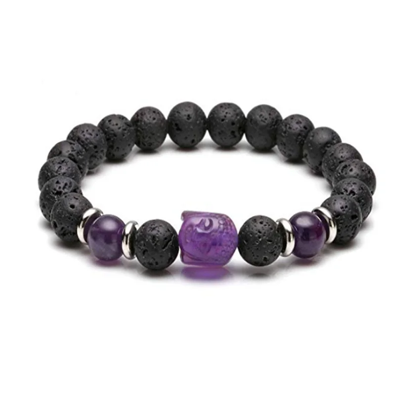 FYJS уникальные 8 мм круглые бусины черный камень лавы с натуральными аметистами