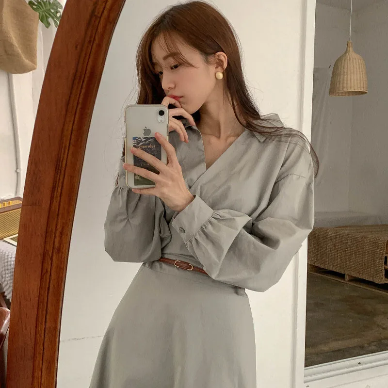 

2020 Autumn Full Sleeve Slim Waist Ladies A-Line Dress Female Vintage Chic Sweet Elegant V-Neck Midi Dress Women Vestidos Femme