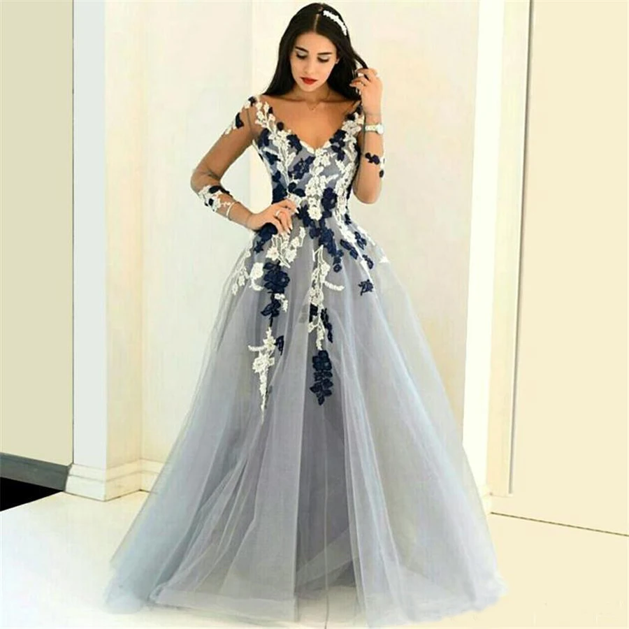 

V-neck Appliques Lace Sheer Popular Prom Dresses Long Sleeve A-line Tulle Formal Evening Dress vestido de festa longo