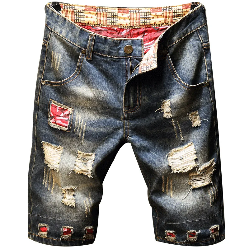 

New Men's male fashion casual summer red patchwork holes ripped denim shorts Casual slim straight jeans Knee lenght capri