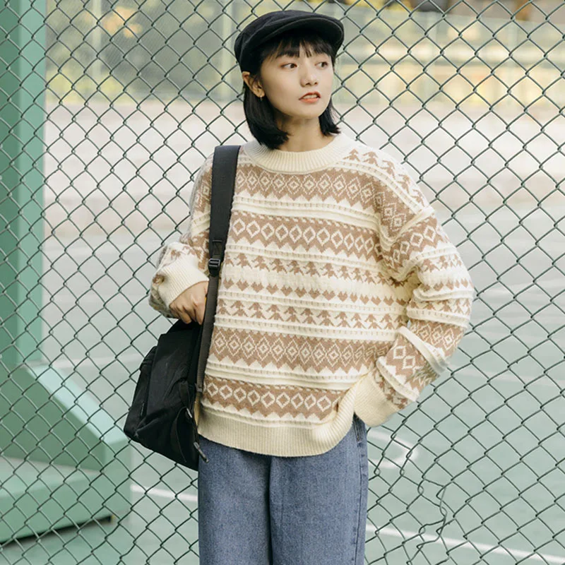 

Элегантный Опрятный свитер с круглым вырезом, пуловеры, винтажные осенне-зимние мягкие ветрозащитные кавайные теплые полосатые свободные ...