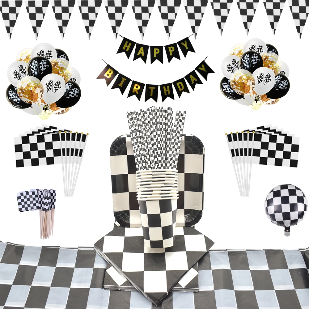 Black and white plaid Party Set Servies Chess Disposable tableware set Cup Plate Birthday Party Baby Shower Decorations for Kids