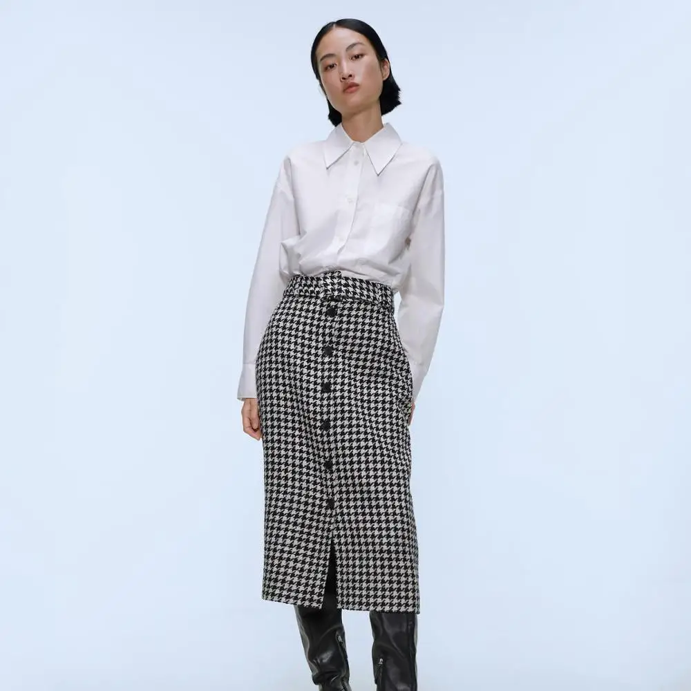 2019 ZA Новая Винтажная юбка в ломаную клетку осенняя прямая до середины голени