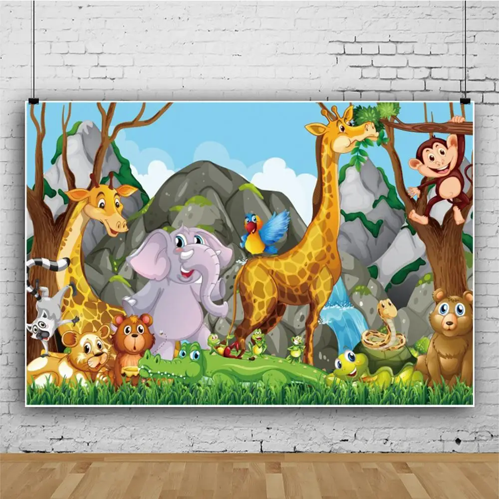

Laeacco Forest Baby Animal Photography For Background Party Decor Backdrops Cartoon Elephant Lion Party Backdrop