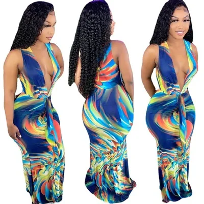 

New Regular + 3XL Plus Size Women Party Dress Fashion Printing Contrast Colors V Neck Sleeveless Sexy Club Sheath Dresses