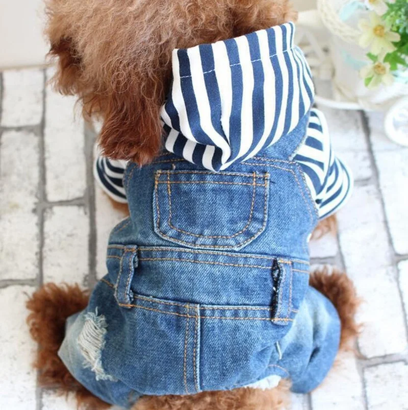 

Stripe Denim Pet Puppy Jumpsuit Hoodie Pants Dog Clothing Spring Summer Jeans Four Foot Dogs Clothes Apparel Spring/Summer