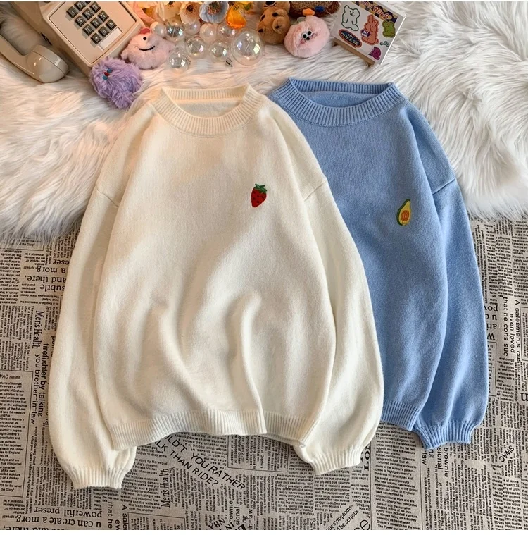 

Neploha Embroidery Fruit Cartoon Men's Casual Sweaters 2021 Hong Kong Casual Man Sweatshirt Vintage O-Neck Loose Male Pullovers