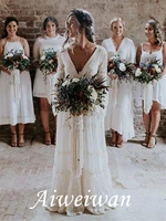 a line floor length sweepbrush long sleeves v neck lace backless beach wedding dress 2021
